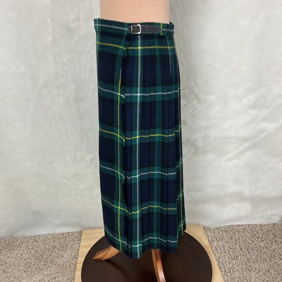 Vintage 80s Green Blue Tartan Plaid Pleated Wool Midi Wrap Skirt Vintage Size 18 - Picture 2 of 7